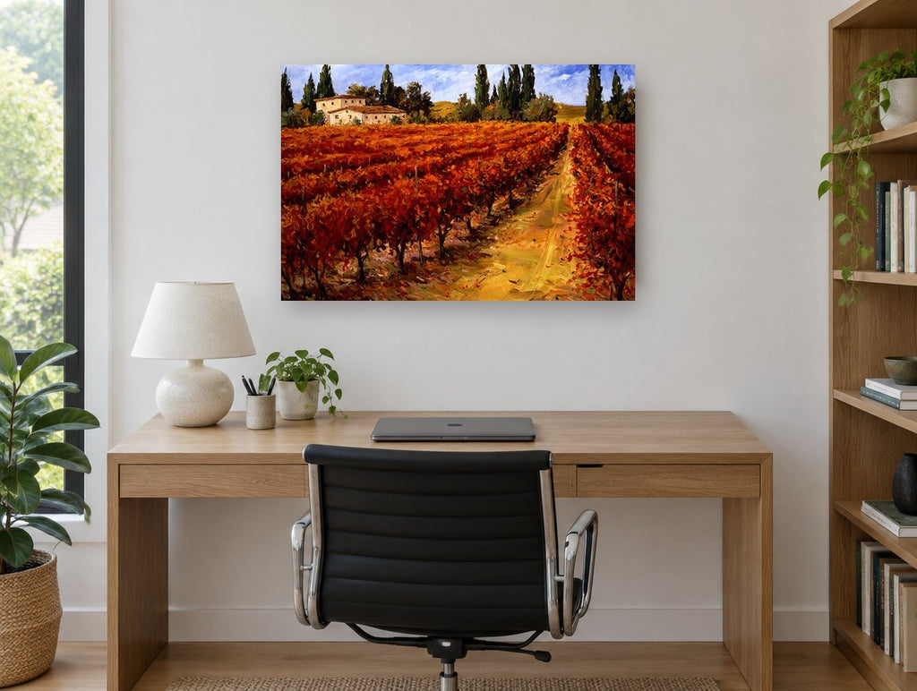 Crimson Vineyard Rows landscape canvas print on the wall of a study
