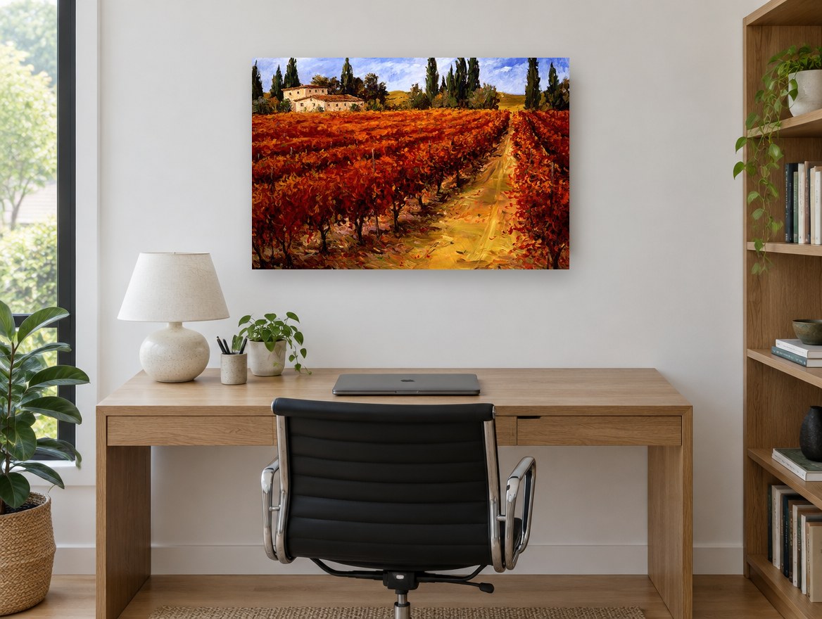 Crimson Vineyard Rows landscape canvas print on the wall of a study