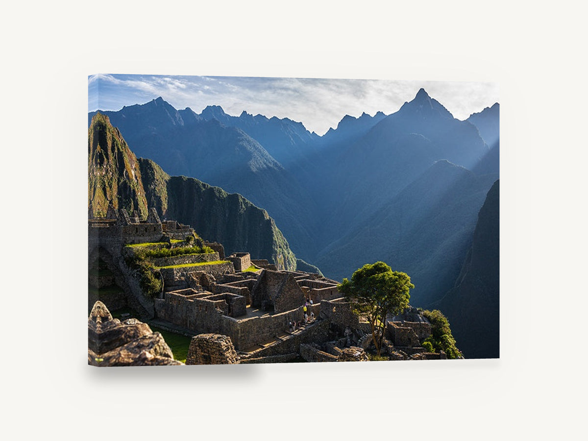 Blue Ridges Over Stone Terraces, mountain ruins valley photograph, landscape canvas wall art print ready to hang