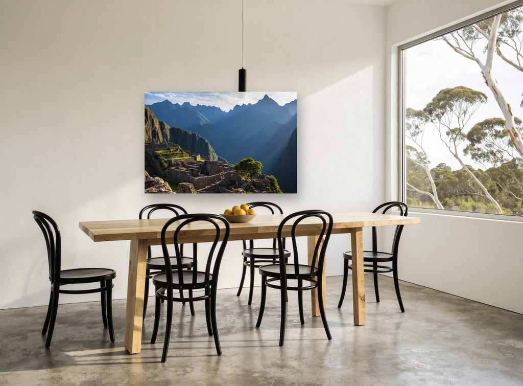 Blue Ridges Over Stone Terraces landscape canvas print on the wall of a dining room