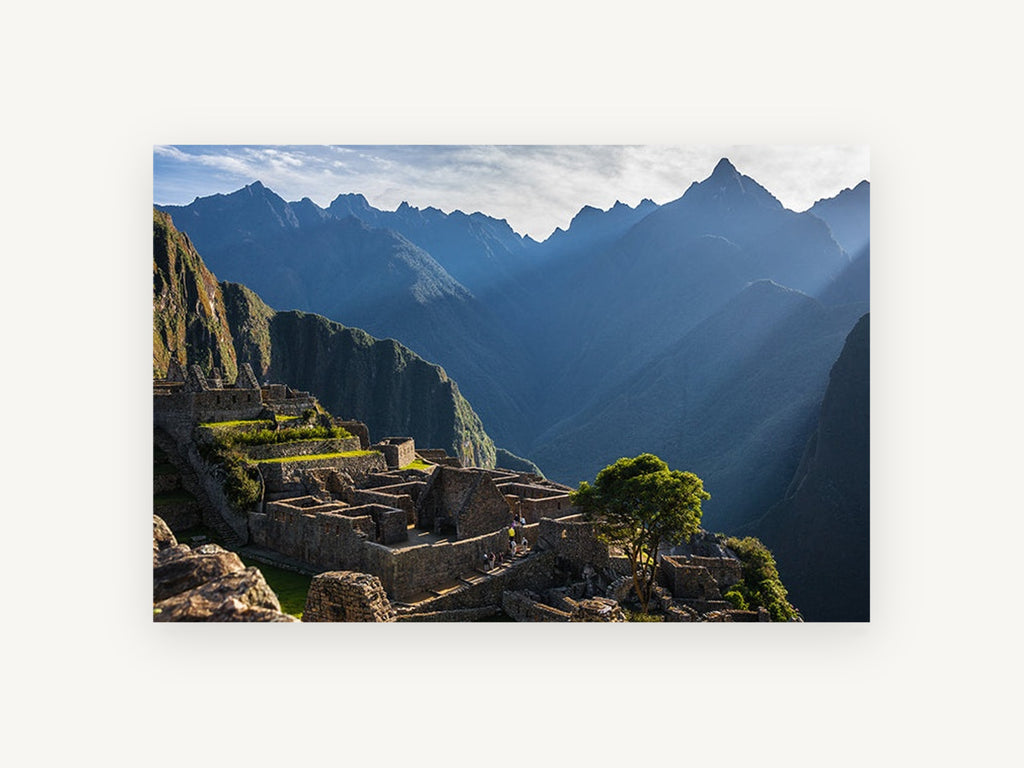Blue Ridges Over Stone Terraces, mountain ruins valley photograph, landscape canvas wall art print, front view