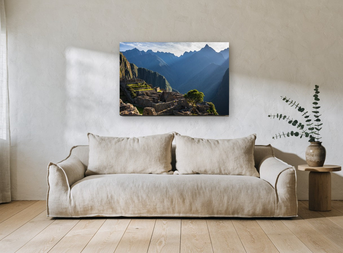 Blue Ridges Over Stone Terraces landscape canvas print on the wall of a living room