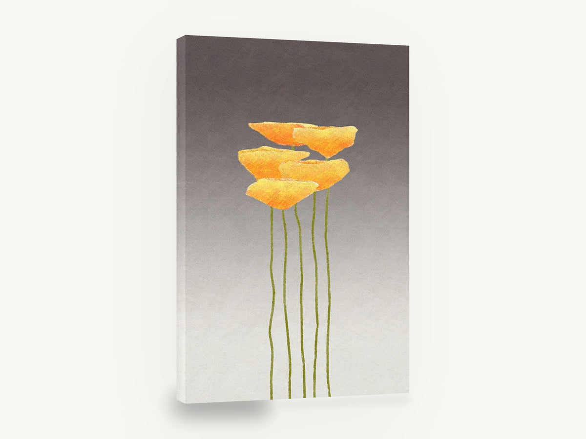 Five Golden Poppies, orange poppies tall stems illustration, floral canvas wall art print ready to hang