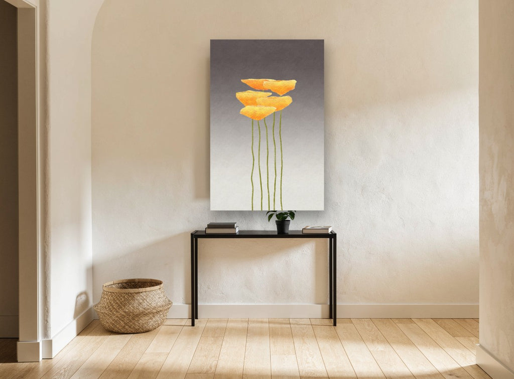 Five Golden Poppies floral canvas print on the wall of a hallway