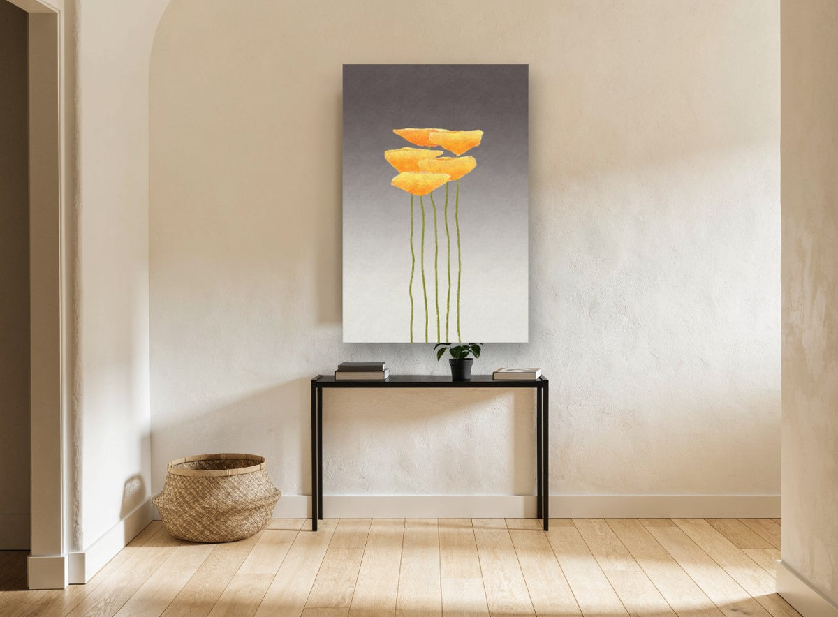 Five Golden Poppies floral canvas print on the wall of a hallway