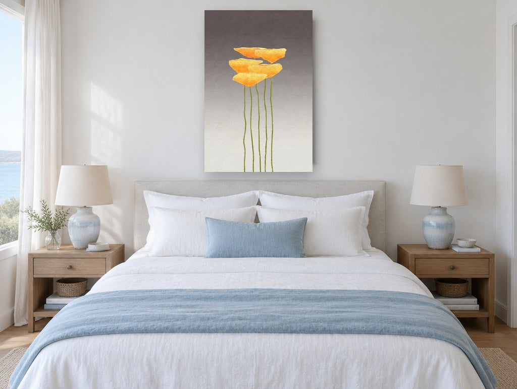 Five Golden Poppies floral canvas print on the wall of a coastal bedroom