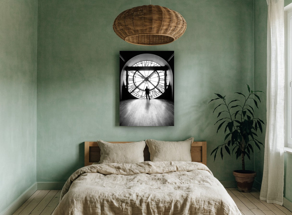 Silhouette at the Clock vintage canvas print on the wall of a bedroom