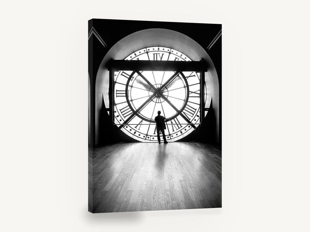 Silhouette at the Clock, black and white paris clock window, stretched canvas wall art print ready to hang
