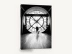 Silhouette at the Clock, black and white paris clock window, stretched canvas wall art print ready to hang