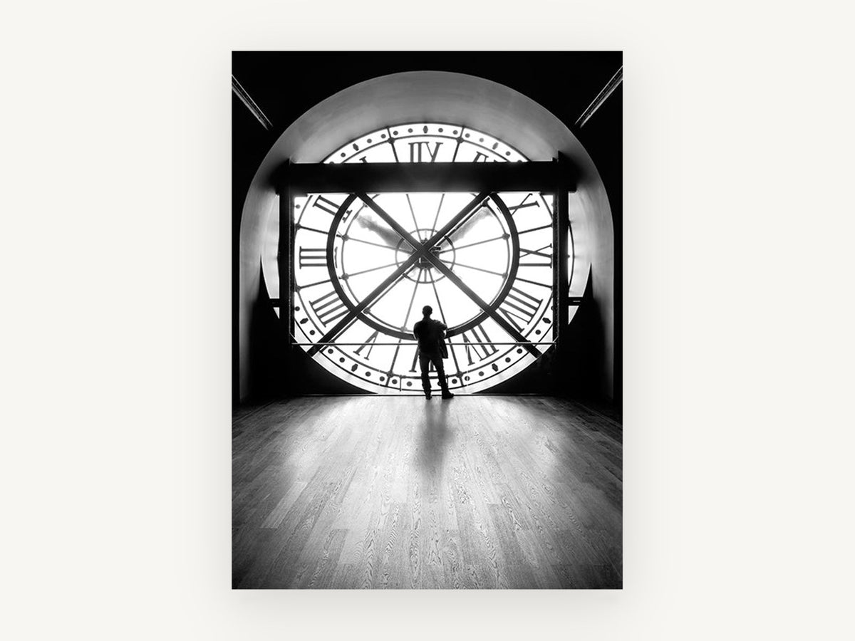 Silhouette at the Clock, vintage canvas wall art print, front view