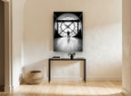 Silhouette at the Clock vintage canvas print on the wall of a hallway
