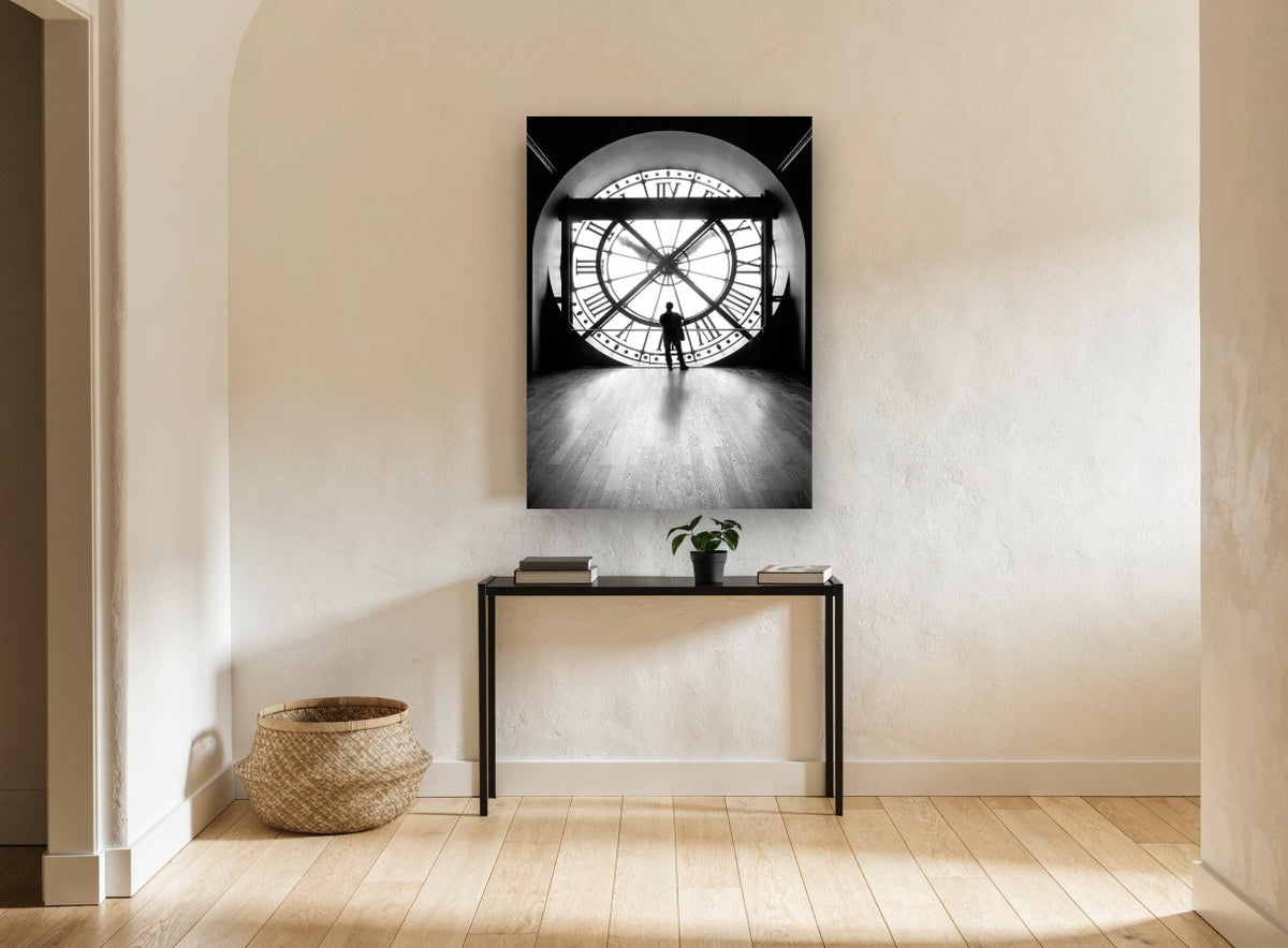 Silhouette at the Clock vintage canvas print on the wall of a hallway