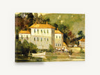Lakeside Villa Moorings, lakeside villa boats impressionist painting, coastal canvas wall art print ready to hang