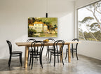 Lakeside Villa Moorings coastal canvas print on the wall of a dining room