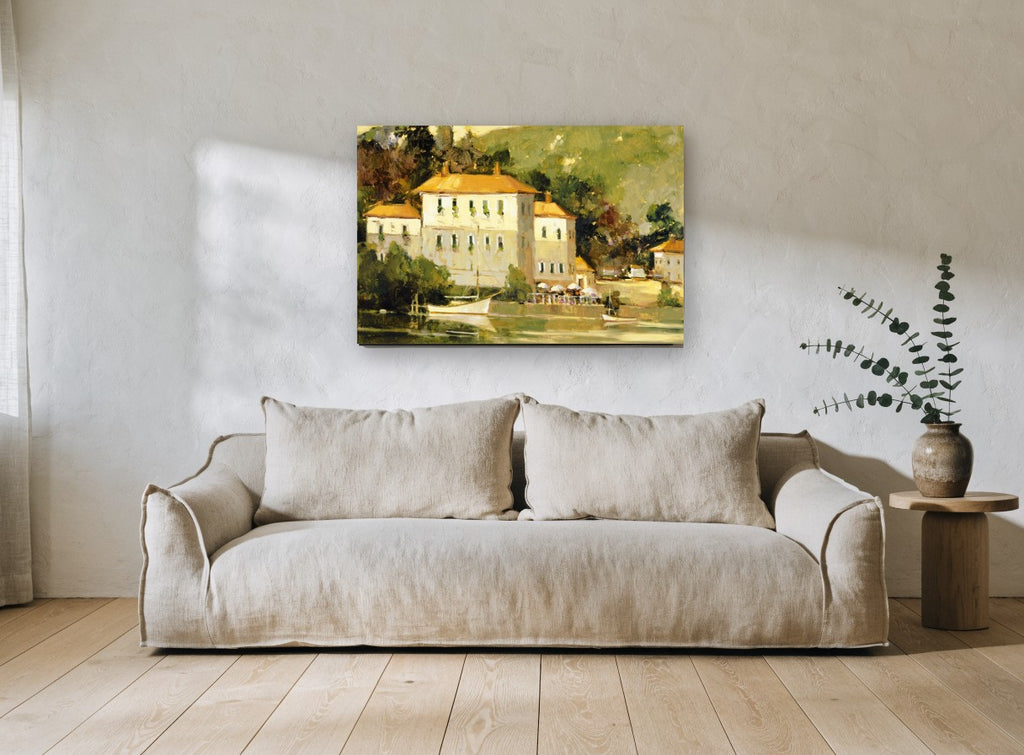 Lakeside Villa Moorings coastal canvas print on the wall of a living room