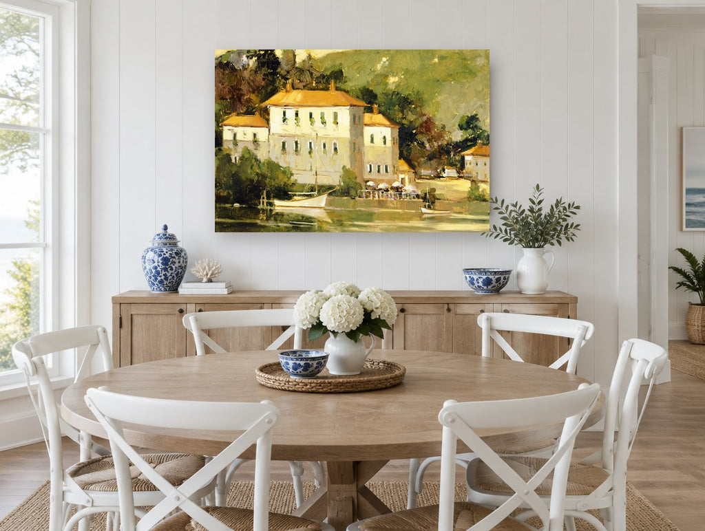 Lakeside Villa Moorings coastal canvas print on the wall of a Hamptons dining room