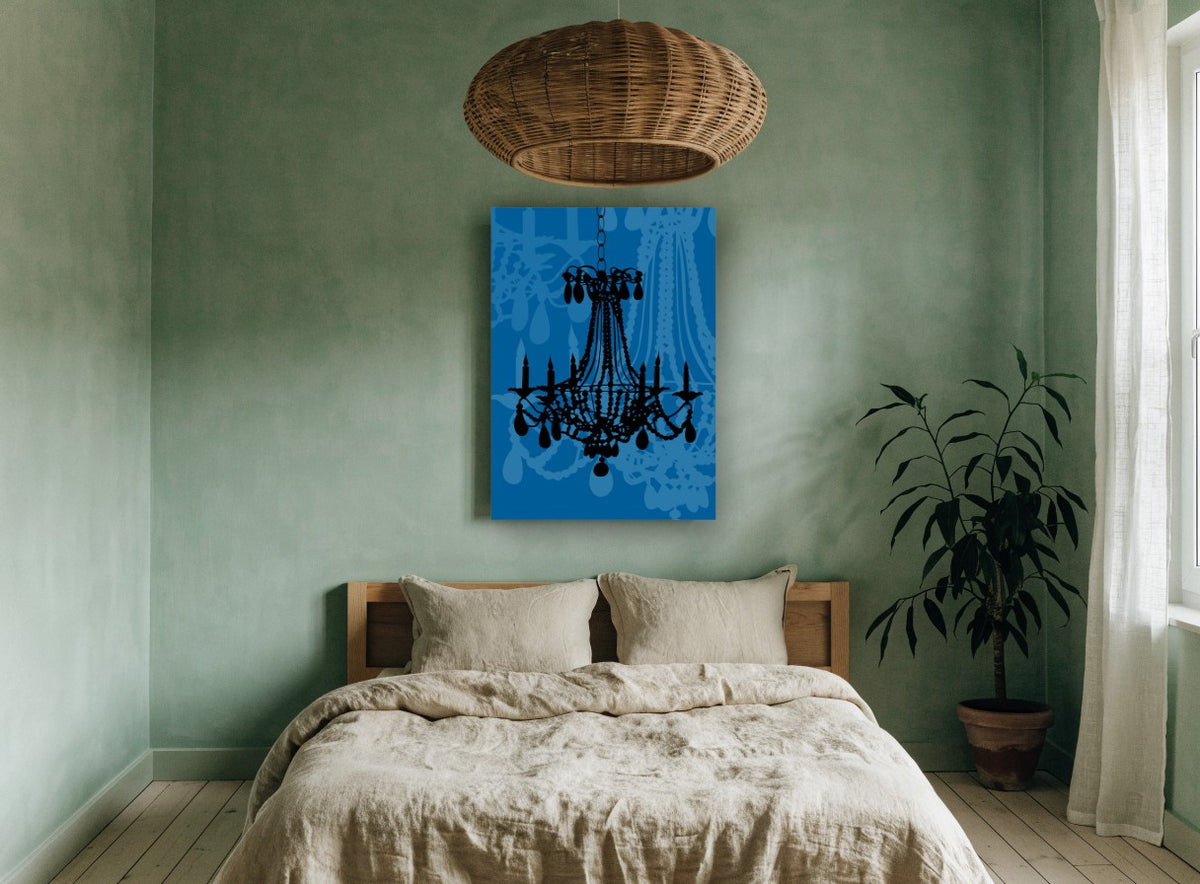 Midnight Chandelier Silhouette vintage canvas print on the wall of a bedroom