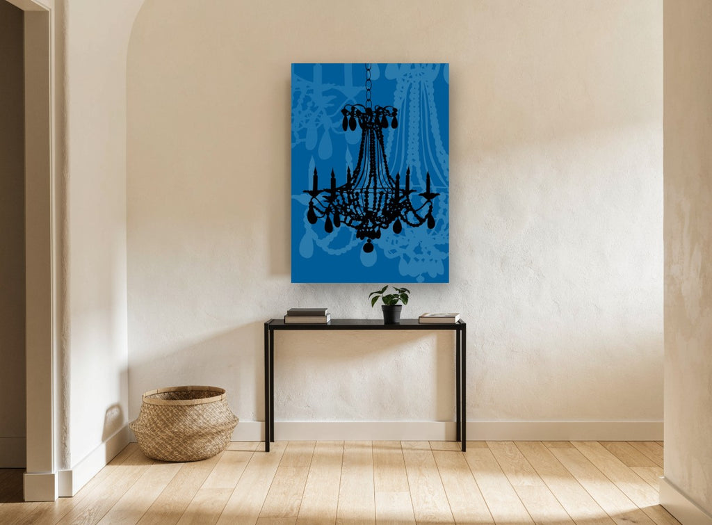 Midnight Chandelier Silhouette vintage canvas print on the wall of a hallway
