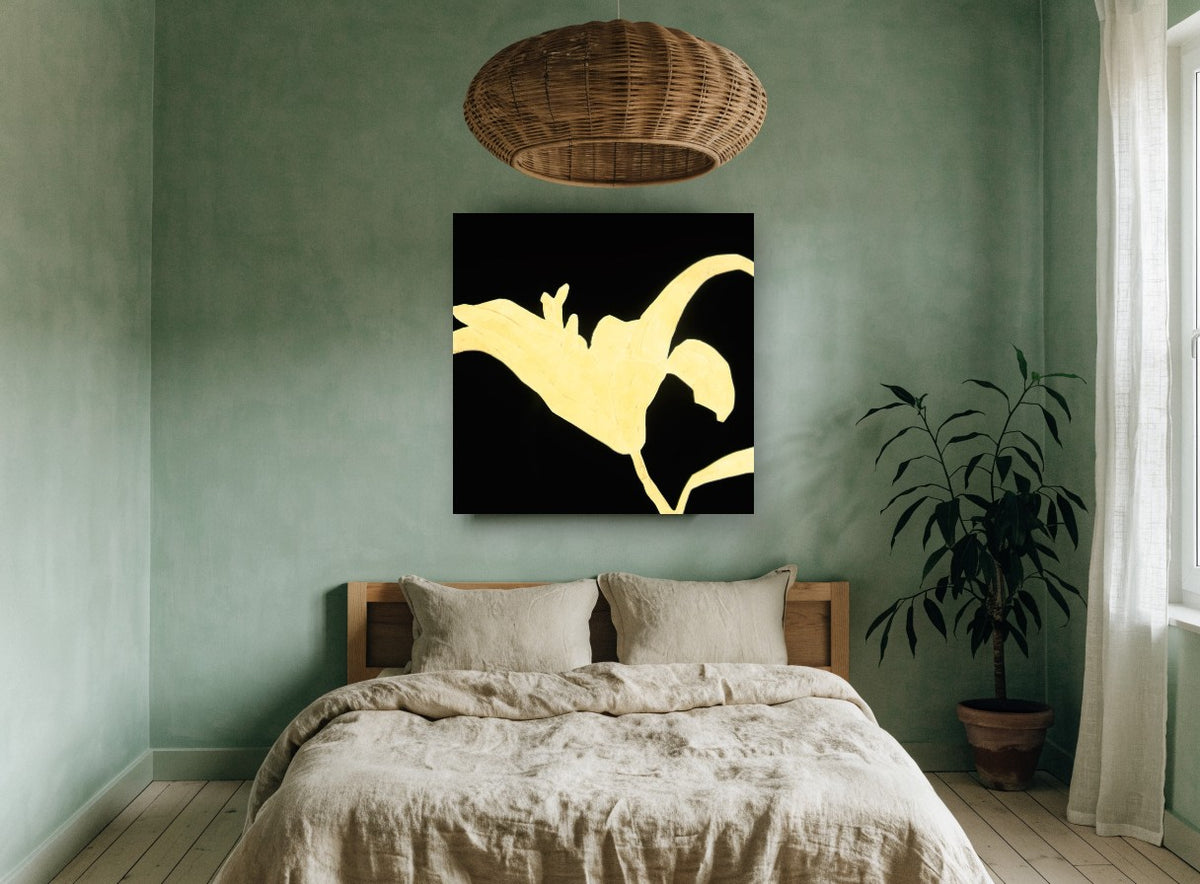 Golden Lily Silhouette floral canvas print on the wall of a bedroom
