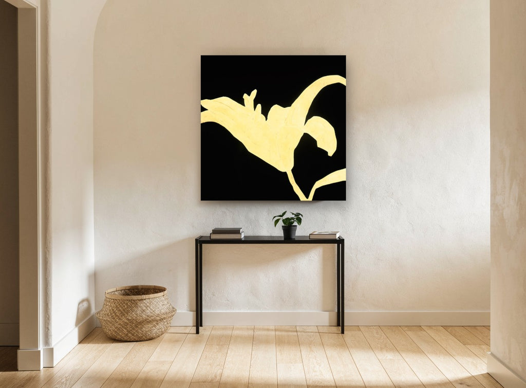 Golden Lily Silhouette floral canvas print on the wall of a hallway