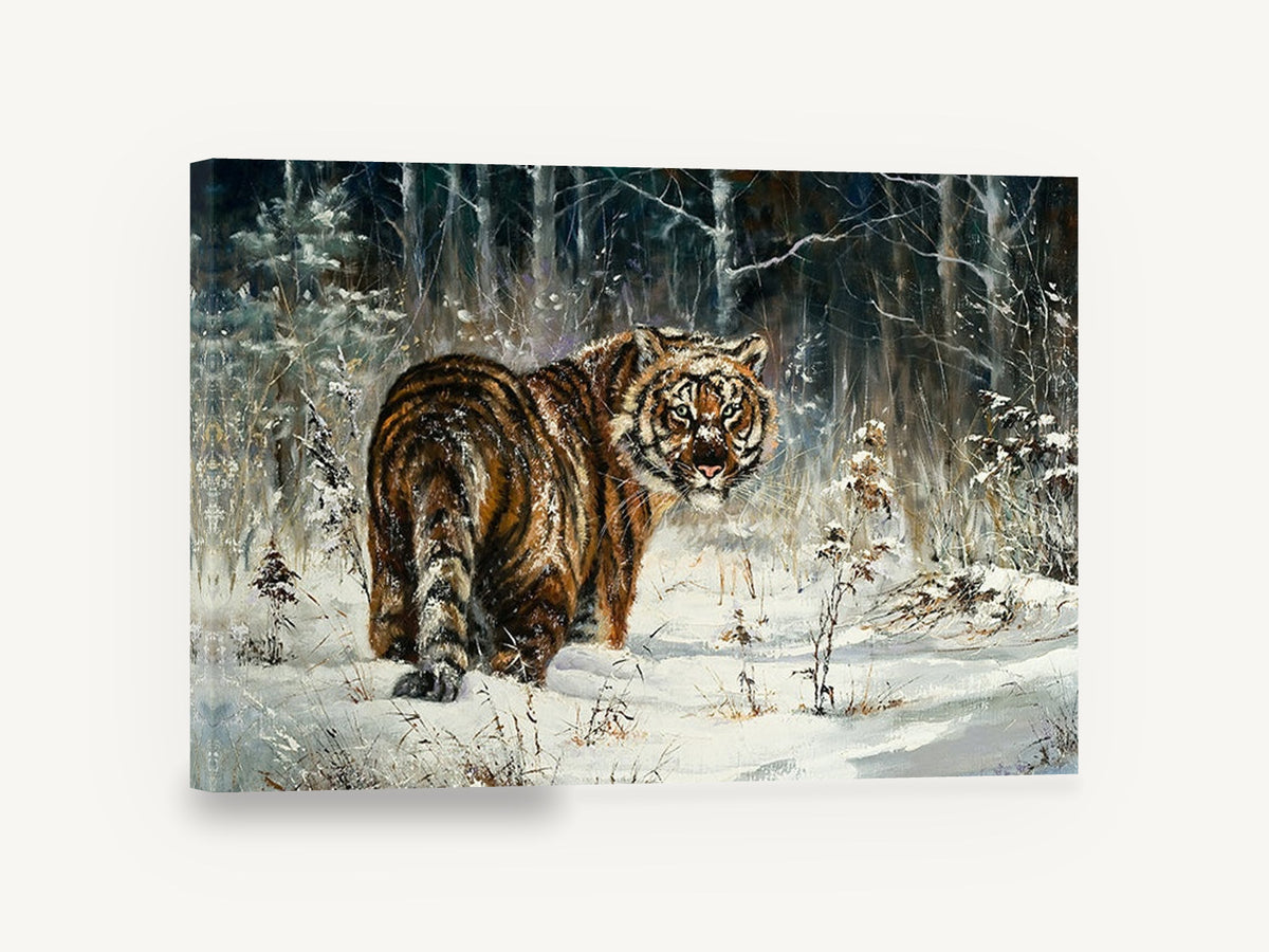 Winter Tiger Glance, tiger in snowy forest painting, landscape canvas wall art print ready to hang