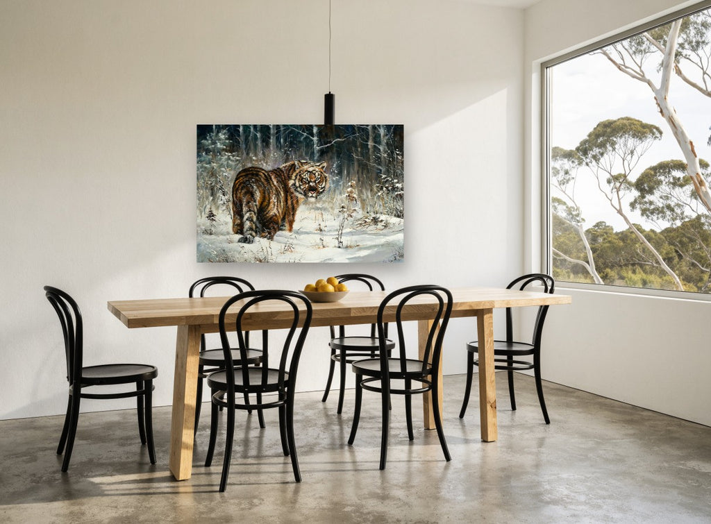 Winter Tiger Glance landscape canvas print on the wall of a dining room