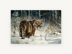 Winter Tiger Glance, tiger in snowy forest painting, landscape canvas wall art print, front view