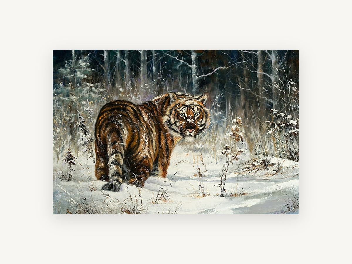 Winter Tiger Glance, tiger in snowy forest painting, landscape canvas wall art print, front view