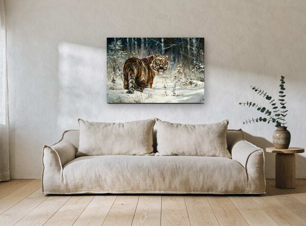 Winter Tiger Glance landscape canvas print on the wall of a living room