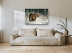Winter Tiger Glance landscape canvas print on the wall of a living room