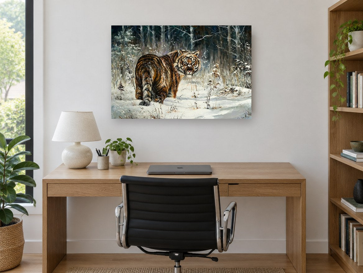 Winter Tiger Glance landscape canvas print on the wall of a study