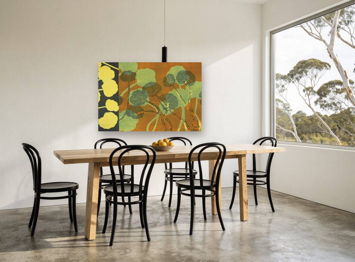 Nasturtium Leaf Overlay floral canvas print on the wall of a dining room