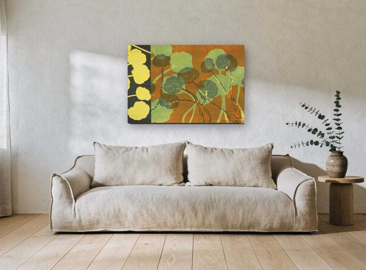Nasturtium Leaf Overlay floral canvas print on the wall of a living room