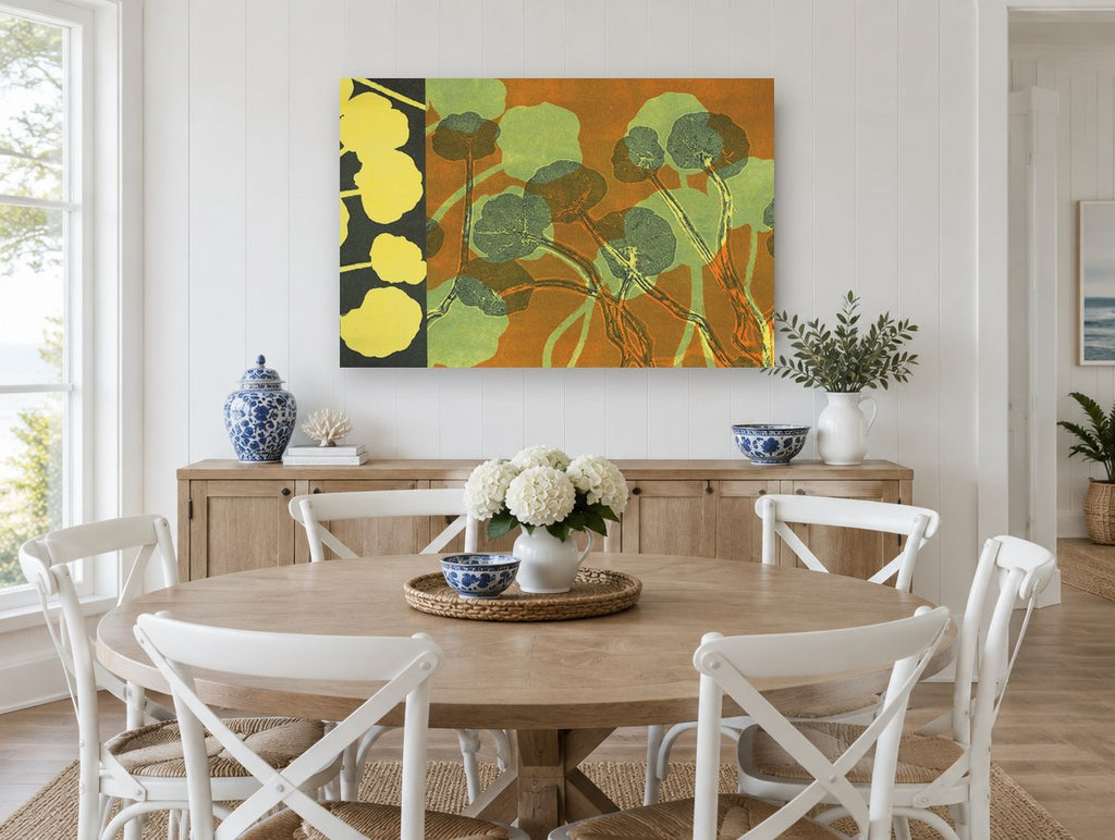 Nasturtium Leaf Overlay floral canvas print on the wall of a Hamptons dining room