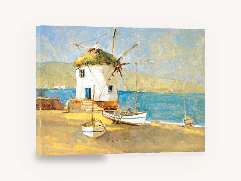 Windmill Shore Boats, windmill and boats seaside painting, coastal canvas wall art print ready to hang