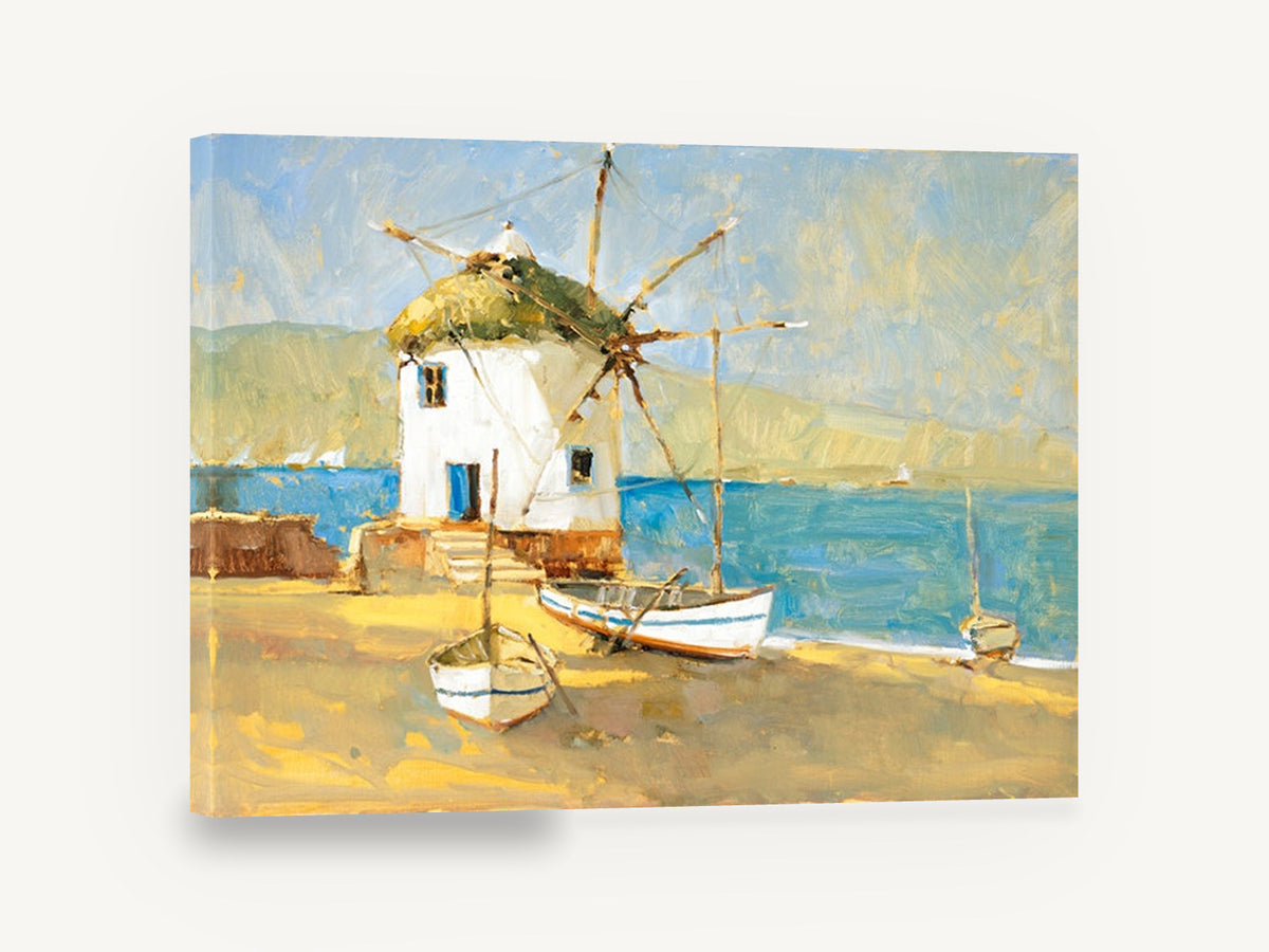 Windmill Shore Boats, windmill and boats seaside painting, coastal canvas wall art print ready to hang
