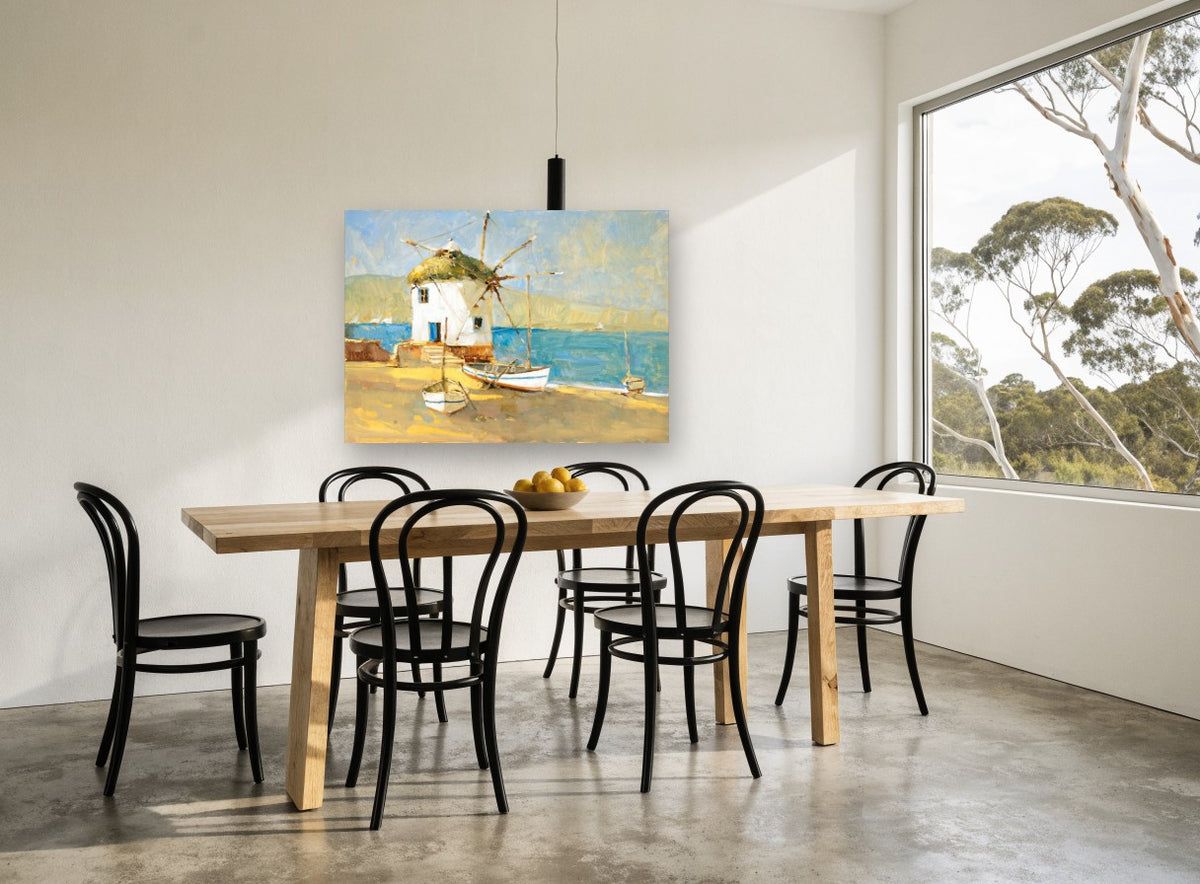 Windmill Shore Boats coastal canvas print on the wall of a dining room