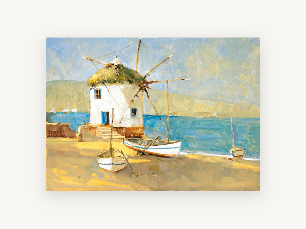 Windmill Shore Boats, coastal canvas wall art print, front view
