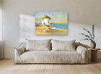 Windmill Shore Boats coastal canvas print on the wall of a living room