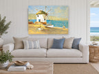 Windmill Shore Boats coastal canvas print on the wall of a beach house living room
