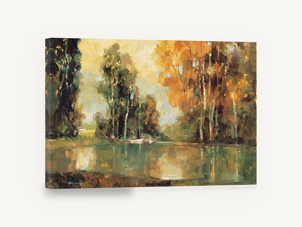 Amber Pond Reflections, autumn trees pond reflection artwork, landscape canvas wall art print ready to hang