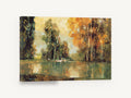 Amber Pond Reflections, autumn trees pond reflection artwork, landscape canvas wall art print ready to hang