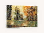 Amber Pond Reflections, autumn trees pond reflection artwork, landscape canvas wall art print ready to hang