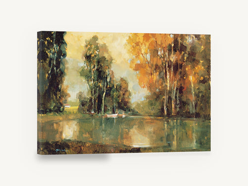 Amber Pond Reflections, autumn trees pond reflection artwork, landscape canvas wall art print ready to hang