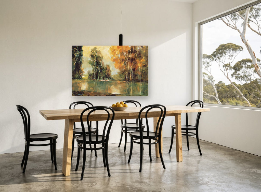 Amber Pond Reflections landscape canvas print on the wall of a dining room