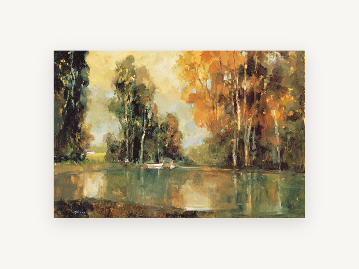 Amber Pond Reflections, autumn trees pond reflection artwork, landscape canvas wall art print, front view