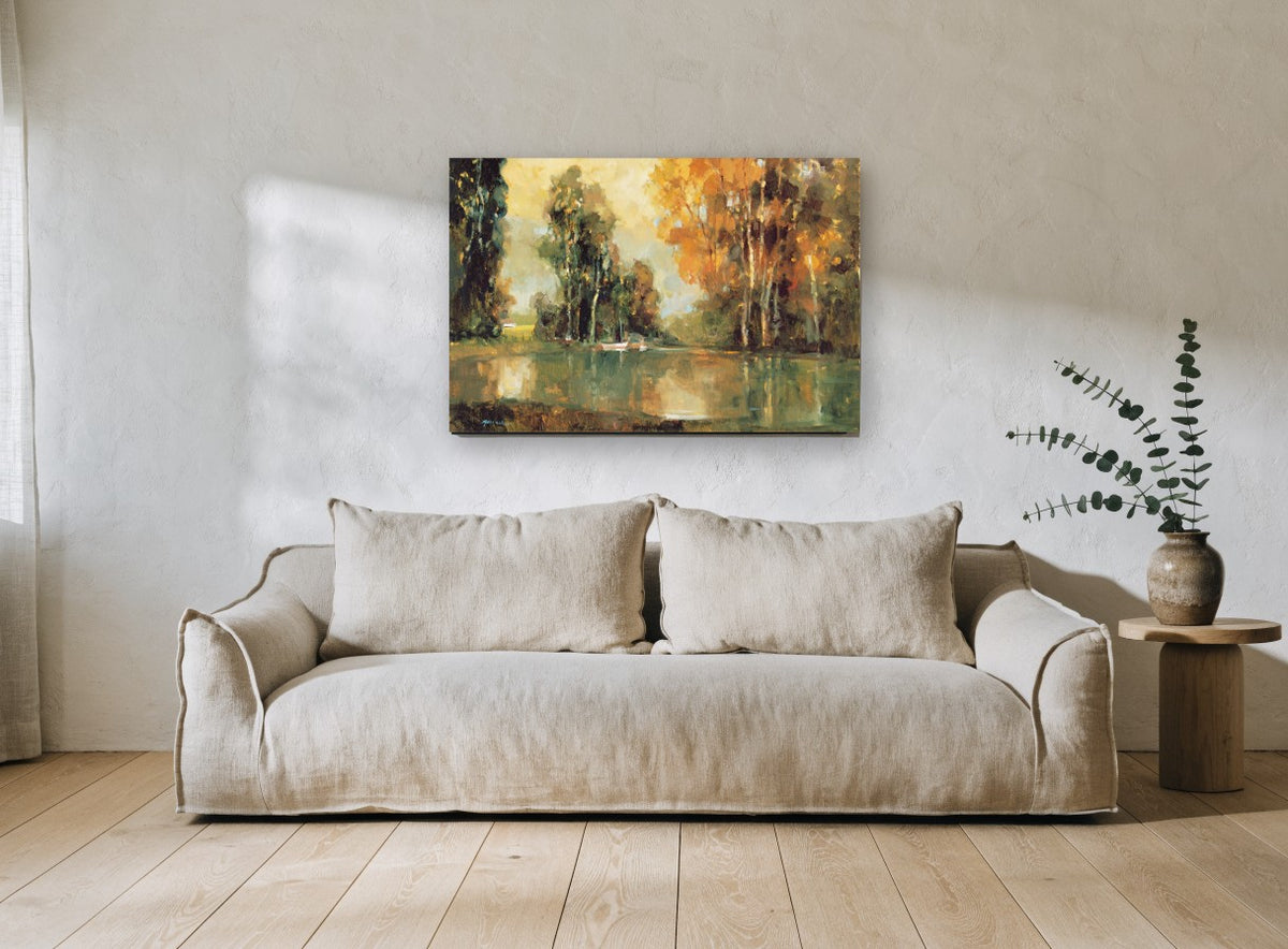 Amber Pond Reflections landscape canvas print on the wall of a living room