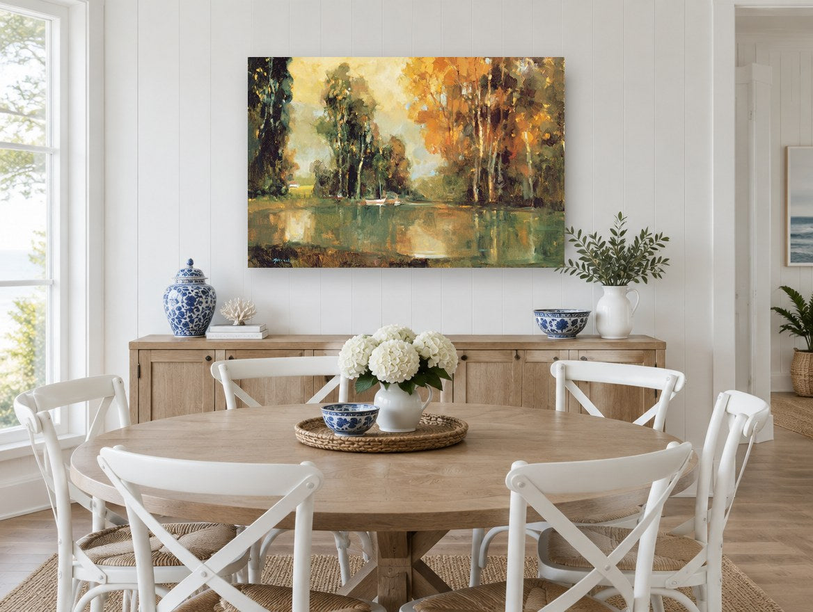Amber Pond Reflections landscape canvas print on the wall of a Hamptons dining room