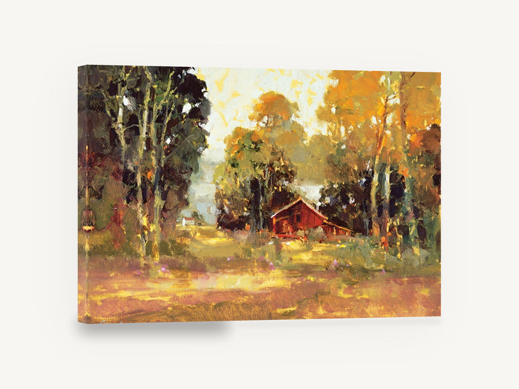 Red Barn in Autumn Light, red barn autumn trees landscape, landscape canvas wall art print ready to hang