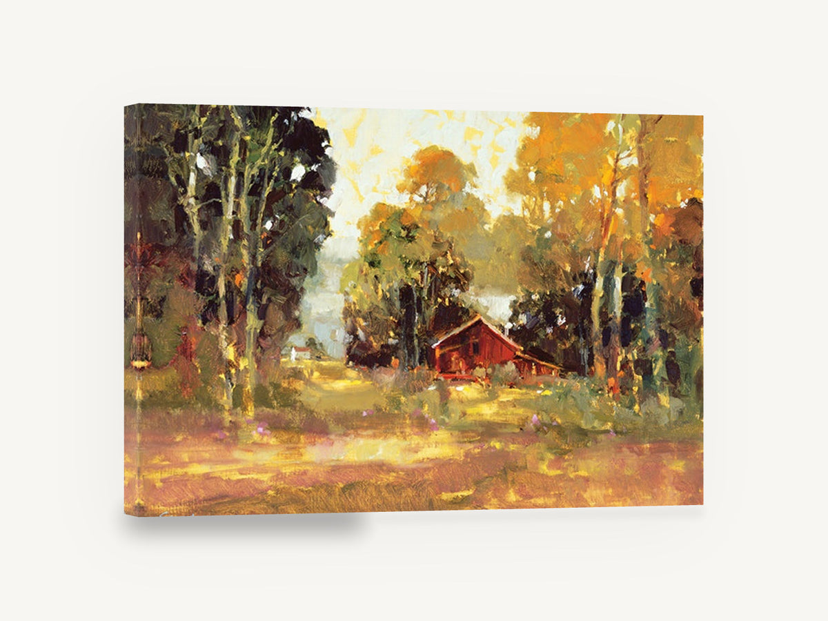 Red Barn in Autumn Light, red barn autumn trees landscape, landscape canvas wall art print ready to hang